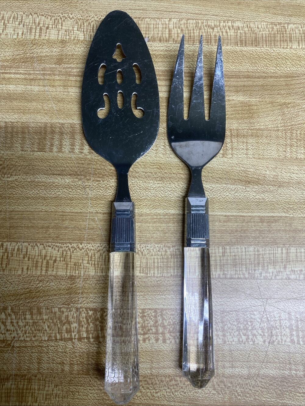 Vintage MCM Fork And Pie Server Lucite Acrylic Flatware Stainless Steel Taiwan